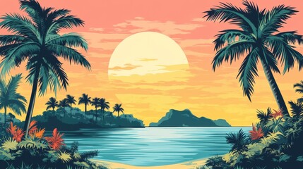 Obraz premium Tropical palm trees frame a vibrant sunset over a calm ocean bay with distant islands in a retro vector illustration style.