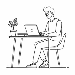 continuous single line drawing of man sitting at desk using laptop computer, line art vector illustration
