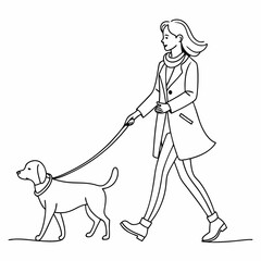 continuous single line drawing of woman walking her dog, line art vector illustration
