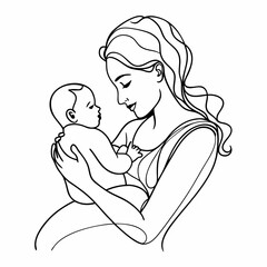continuous single line drawing of mother caressing baby, line art vector illustration
