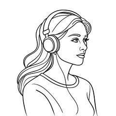 continuous single line drawing of young woman wearing headphones listening to music, line art vector illustration
