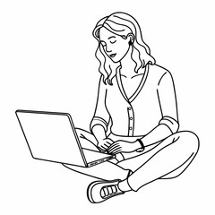 continuous single line drawing of woman sitting on floor using laptop, line art vector illustration
