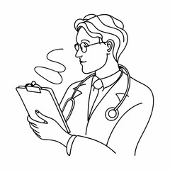 continuous single line drawing of physician with stethoscope and clipboard, line art vector illustration
