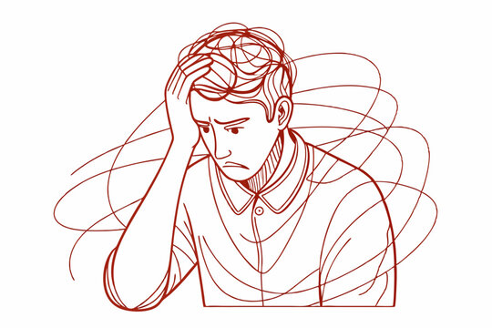 recommend clip art: continuous single line drawing of worried or confused man with one hand at forehead, line art vector illustration
                    