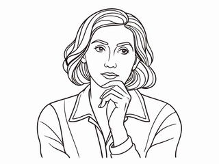 continuous single line drawing of skeptical woman with hand on chin, line art vector illustration
