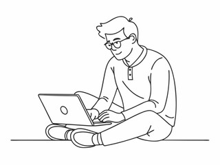 continuous single line drawing of young man using laptop computer, line art vector illustration
