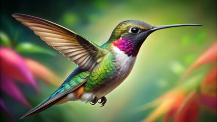 Fototapeta premium A Vibrant Hummingbird in Flight - Digital Painting, Green and Pink Feathers, Blurred Background, Birdwatching, Nature, Wildlife, Illustration