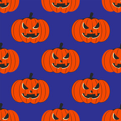 Seamless pattern. Retro Halloween. Pumpkin on blue background