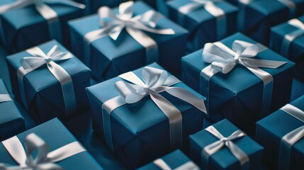 A close-up shot of a group of navy blue gift boxes with silver ribbons, some with bows, arranged in a pattern on a black surface.