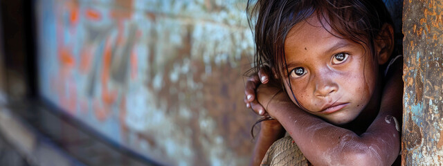 Banner, poverty, misery, portrait of a child from a dysfunctional family.