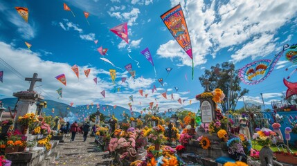 Giant kites flying over decorated cemetery in Guatemala