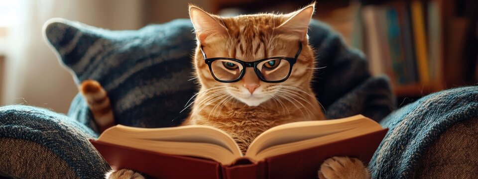 a cat in glasses is reading a book in a chair. Selective focus
