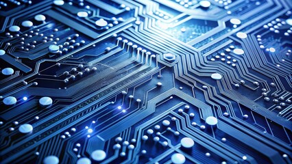 Fototapeta premium Blue Circuit Board - Closeup of Interconnected Electronic Components - Abstract Technology Design, High-Tech Background