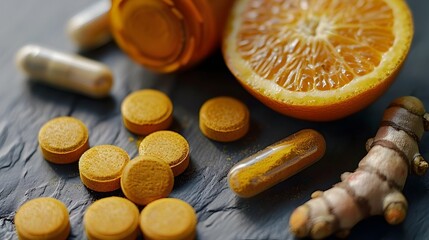 Realism of Turmeric and Orange Extract Dietary Supplement Capsules
