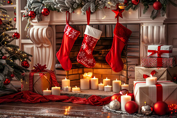 Elegant decorated Christmas fireplace with lit candles, stockings and gifts in living room