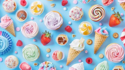 Naklejka premium Delicious desserts including cones, cupcakes, and candies are beautifully displayed on a vibrant blue backdrop