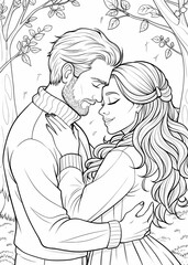 Romantic Couple Embracing Amidst Nature Coloring Page for Love and Serenity