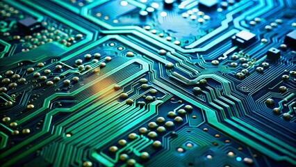 Close-up of a Circuit Board with Green Traces and Gold Solder Points - Microelectronics, Tech, Electronics, Hardware, Technology, Abstract