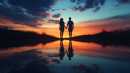 Silhouette of a couple holding hands against a sunset sky, a man and woman standing in front of a pond at dusk with pink and orange clouds, golden hour light, romance concept