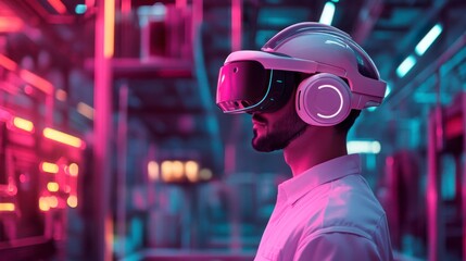 Obraz premium Engineer in a white VR headset at a high-tech factory. The future of manufacturing and innovation