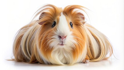 Naklejka premium Long-haired guinea pig on white background, guinea pig, long-haired, fluffy, adorable, pet, rodent, domestic, white