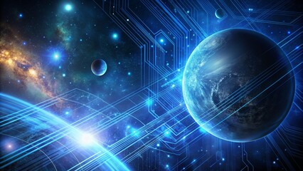 Fototapeta premium Cosmic Circuitry A digital rendering of a celestial landscape with planets, stars and a vibrant digital grid overlaid. Space, Technology, Futuristic, Abstract