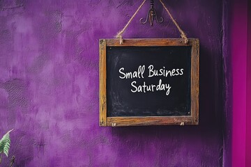 Chalkboard Sign Hanging on a Purple Wall with the Text "Small Business Saturday"