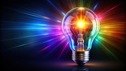 Vibrant light bulb with glowing rays illuminating a dark background, innovation, creativity, inspiration, idea