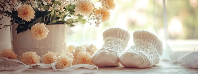 children's booties white background flowers. Selective focus