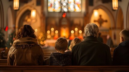 Obraz premium Family Attending Early Holiday Church Service in Traditional Sanctuary