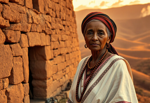 Ethiopian Matriarch beside Ancient Rock Church at Dawn