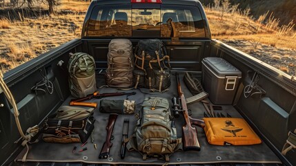 A pickup truck bed filled with hunting gear, backpacks, and firearms for outdoor activities.