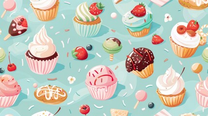 Various delightful desserts are laid out, showcasing ice cream, cupcakes, and colorful toppings against a turquoise backdrop