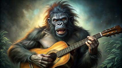 Gorilla Guitarist A Digital Painting of a Powerful Ape Playing Acoustic Guitar in a Lush Jungle Setting, Music, Primate, Wildlife, Nature, Art