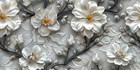 Seamless Elegant 3D Floral Wallpaper Design in White, Gold Flower, and Black Leaves with Sculpted Aesthetic on a Pristine Background. Seamless Tile Flower Wall Sticker