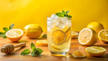 Fototapeta premium Icy honey lemon lemonade on yellow background