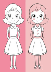 Coloring page for kids, no color, well outlined, white background, girl in dress, vector illustration 