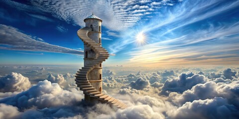 Surreal stone tower optical illusion with spiral staircase leading up into blue clouds and sky