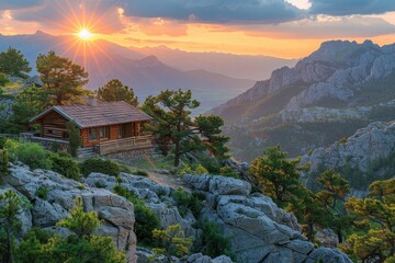 Scenic mountainside cabin at sunset with stunning views.