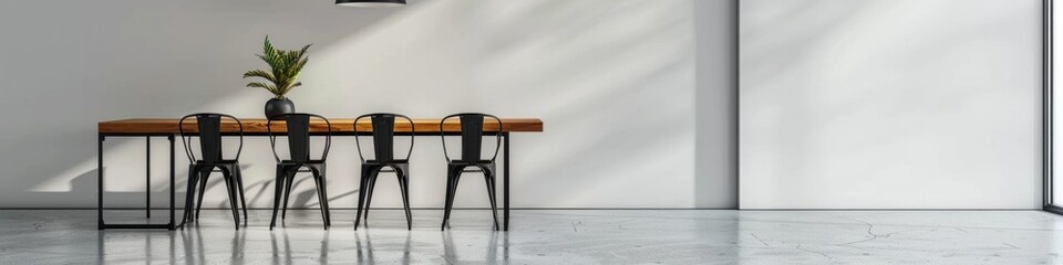 minimalist dining area with a wooden table, black metal chairs, and a single pendant light, set against a backdrop of concrete floors and white walls