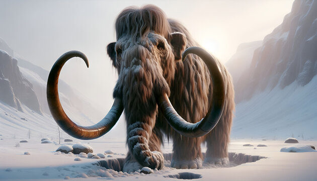 The mammoth was a large, woolly, Ice Age mammal with long, curved tusks. It lived in cold regions and fed on grasses and shrubs. Mammoths went extinct about 4,000 years ago due to climate.