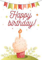 Childrens cute greeting card. Birthday greetings with colorful decorations and a birthday cake with a candle. Vector.