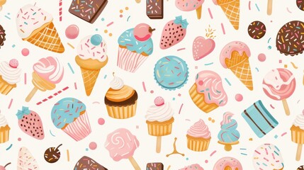 A delightful assortment of ice cream, cupcakes, and candies arranged in a playful pattern