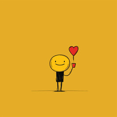 Obraz premium Smiling face holding a heart balloon on a yellow background, minimalist and cheerful. 