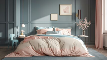 Obraz premium Trendy bedroom with pastel pink, beige, and blue bedding on king-size bed, grey wall backdrop