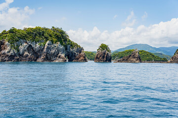 Dramatic rock formations on the coast of Pacific Ocean in Nachikatsuura, Wakayama, Japan, part of the Yoshino-Kumano National Park and Nanki Kumano geopark.