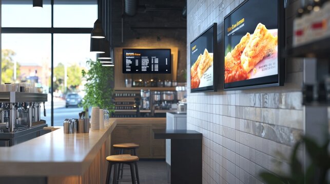 Blank mock up for menu board display screen, for restaurant cafe food business. Warm cozy atmosphere