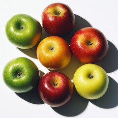 A medium shot of a variety of apples, including red, green, and yellow, isolated on a white background.