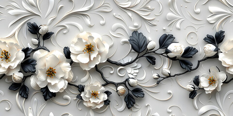 Seamless Elegant 3D Floral Wallpaper Design in White, Gold Flower, and Black Leaves with Sculpted Aesthetic on a Pristine Background. Seamless Tile Flower Wall Sticker