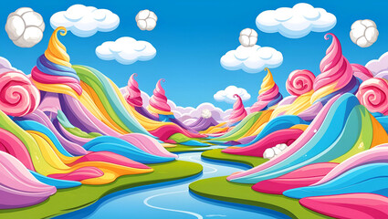 A fantasy landscape with cotton candy mountains and clouds in a blue sky and blue water stream. dreamy and sweet fantasy world.